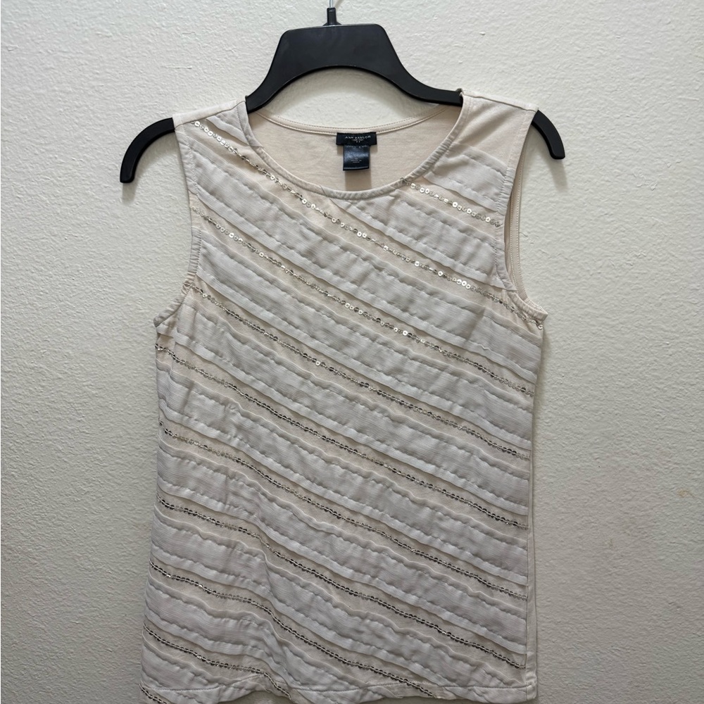 Ann Taylor Fairycore romantic beige Sleeveless Top Mesh Lace Sequin Women Small